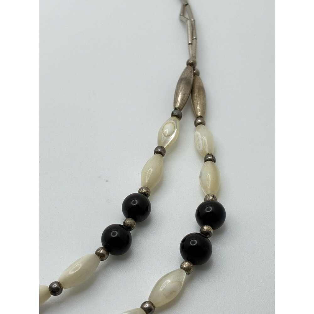 Mother Of Pearl ?Onyx? Beaded Silver Tone Necklace 20” VTG Double Strand READ - Picture 2 of 7